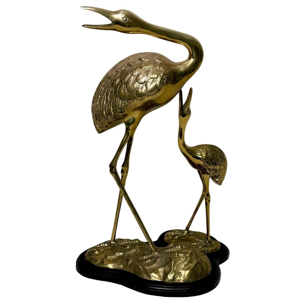 Brass Crane Heron Statue Gold Bird Sculpture MCM Hollywood Regency Vintage 17"